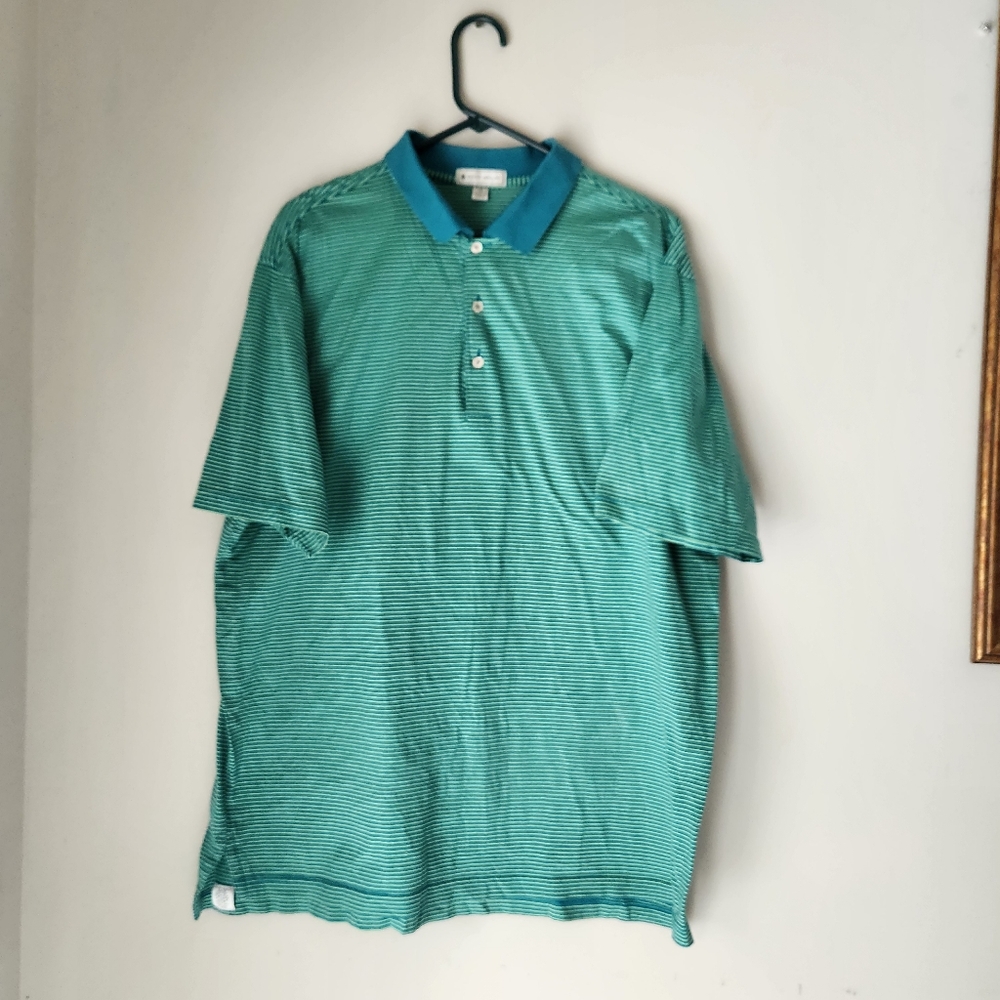 Peter Millar Striped Green Blue Short Sleeve Polo Golf Shirt Mens Size XL